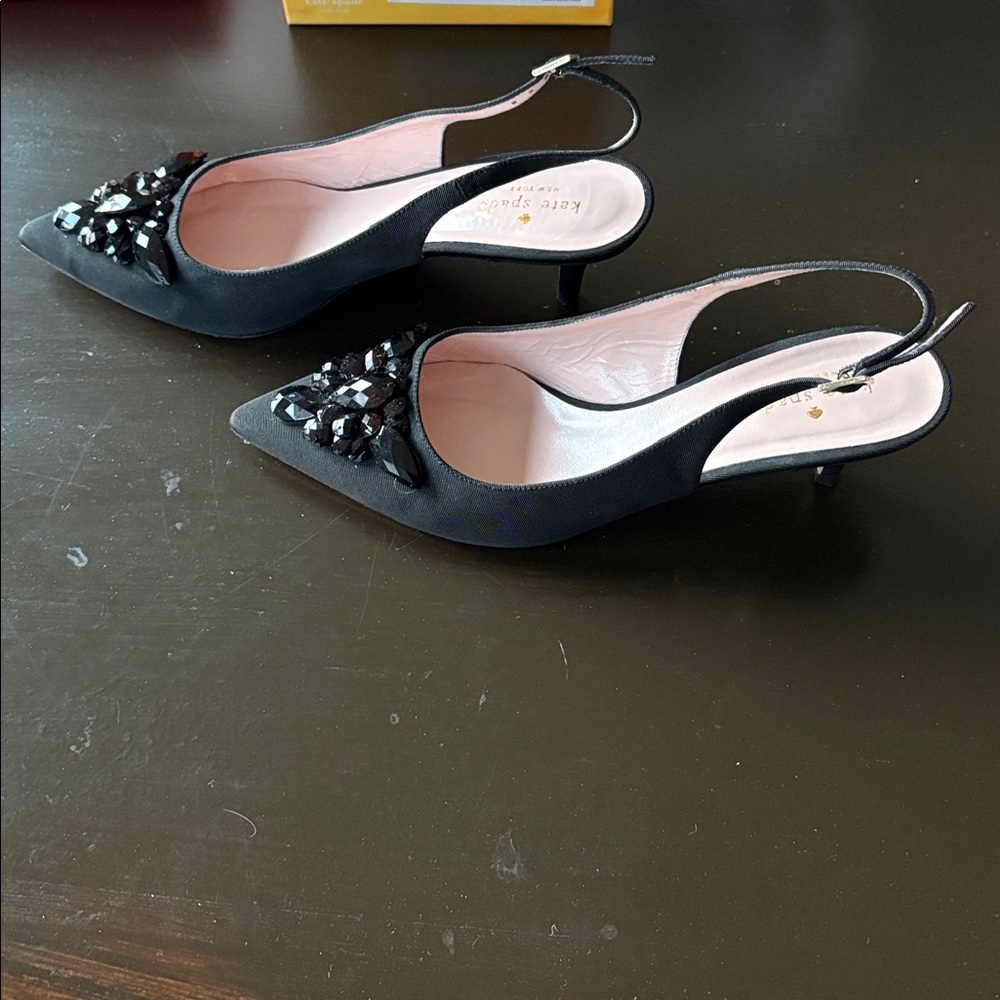 Kate Spade New York Black Grosgrain Beaded Sling Back Pumps - Picture 6 of 11